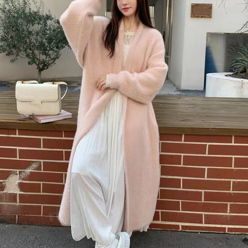 Autumn and winter imitation mink velvet knitted cardigan women's Korean version loose mid-length lazy wind sweater coat