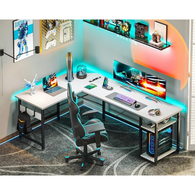 Coleshome-escritorio de ordenador en forma de L, 66 ", con toma de corriente y estantes de almacenamiento, esquinero, resistente, estación de trabajo