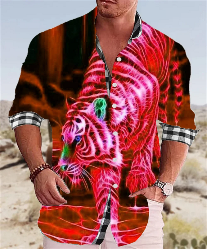 New style Hawaiian shirt fashion luxury lapel men's shirt long sleeve button animal tiger shirt comfortable and soft men's cloth