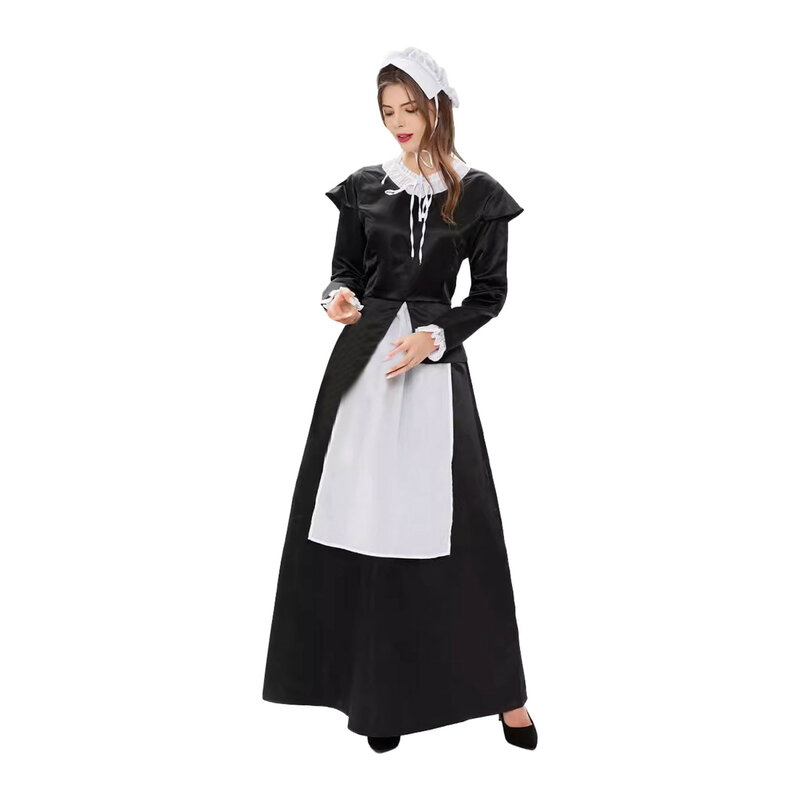 Disfraz de sirvienta Retro para mujer, traje de sirvienta de jardín, falda larga, conjunto de actuación, 1 vestido + 1 sombrero, vestido elegante