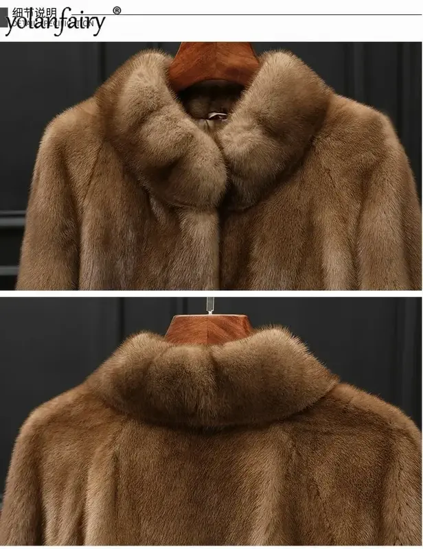FCY-Casaco de pele de vison real para mulheres, jaqueta longa, roupas de gola alta, roupas de inverno, 2023