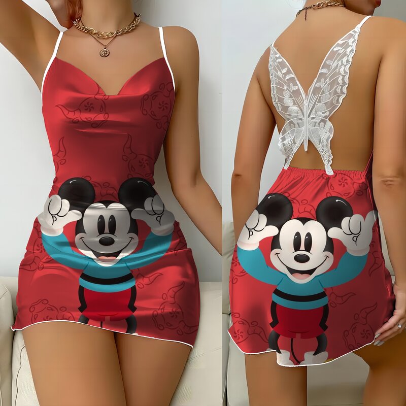 Gaun pesta rok piyama renda gaun Mickey Minnie Mouse Disney simpul pita permukaan Satin mode Musim Panas 2024 Mini seksi baru