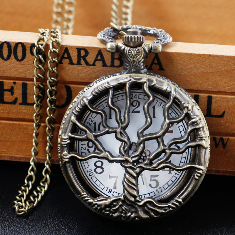 Jam tangan saku kuarsa desain berongga pola pohon indah antik liontin kalung hadiah untuk pria dengan rantai Fob