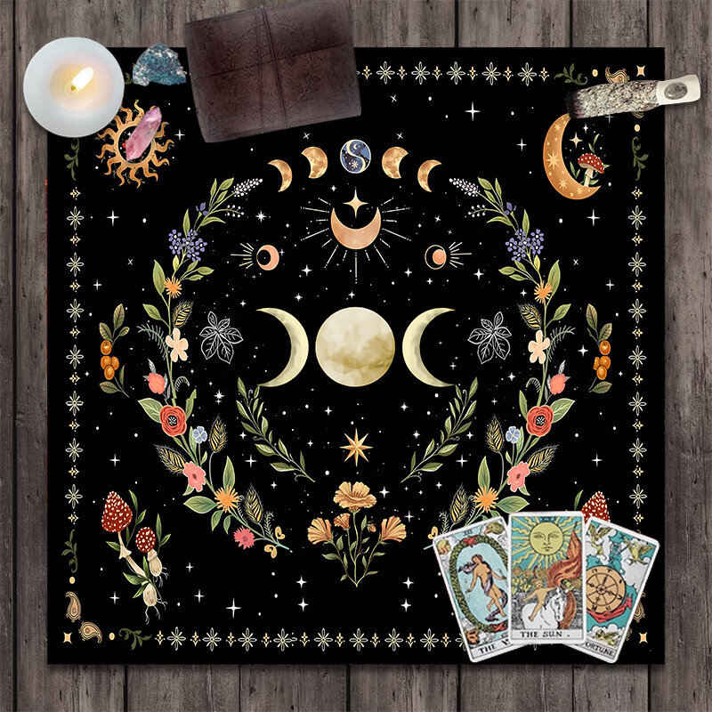 Triple Moon Floral Botanical Tarot Cloth Alter Tarot Table Cloth Wiccan Spread Top Cloth Spiritual Witchery Table for Divination