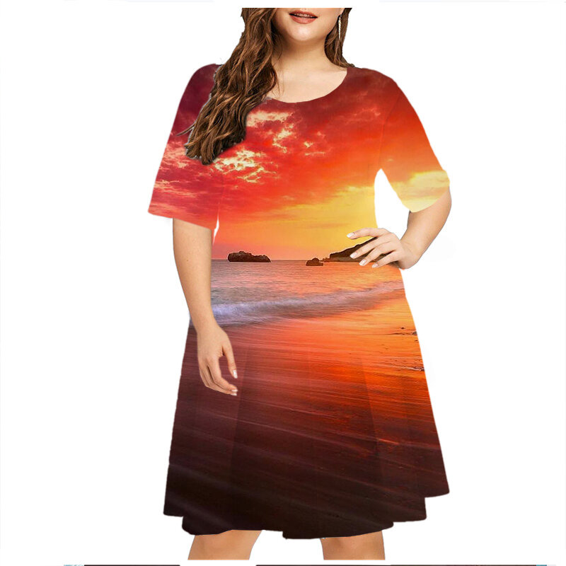 فساتين صيفية للنساء بتصميم مشهد طبيعي للشاطئ لعام 2023 موضة جديدة قصيرة الأكمام حجم كبير فستان فضفاض للحفلات غير رسمية فستان قصير