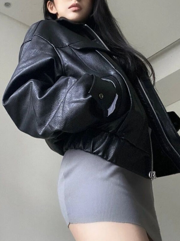 Streetwear jaket kulit hitam kasual wanita, mantel tiruan jalan tinggi, jaket kulit Motor dengan ritsleting, pakaian luar Punk, jaket kulit hitam kasual