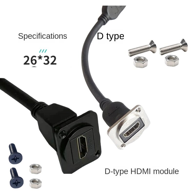 Угловой переходник HDMI типа D, 90 градусов, прямой, с винтовым фиксированным панельным адаптером, черный, серебристый, с удлинительным кабелем 15 мм