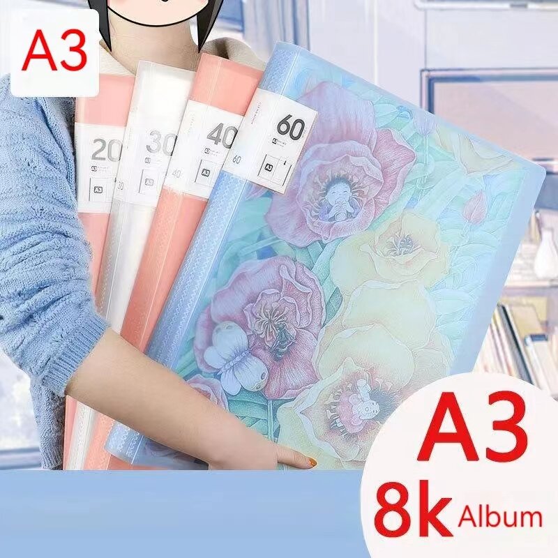 A3ファイルフォルダー表示ブック、塗装アートコレクション、8kアルバム、透明情報、子供の報酬ポストストレージ、20-80ページ