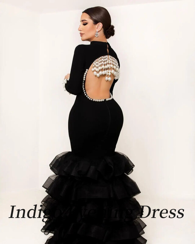 Indigo Prom Dresses High-Neck Floor-Length Pearls Tiered Sexy Backless Ball Gown Women Formal Occasion Gown 2024 فساتين السهرة