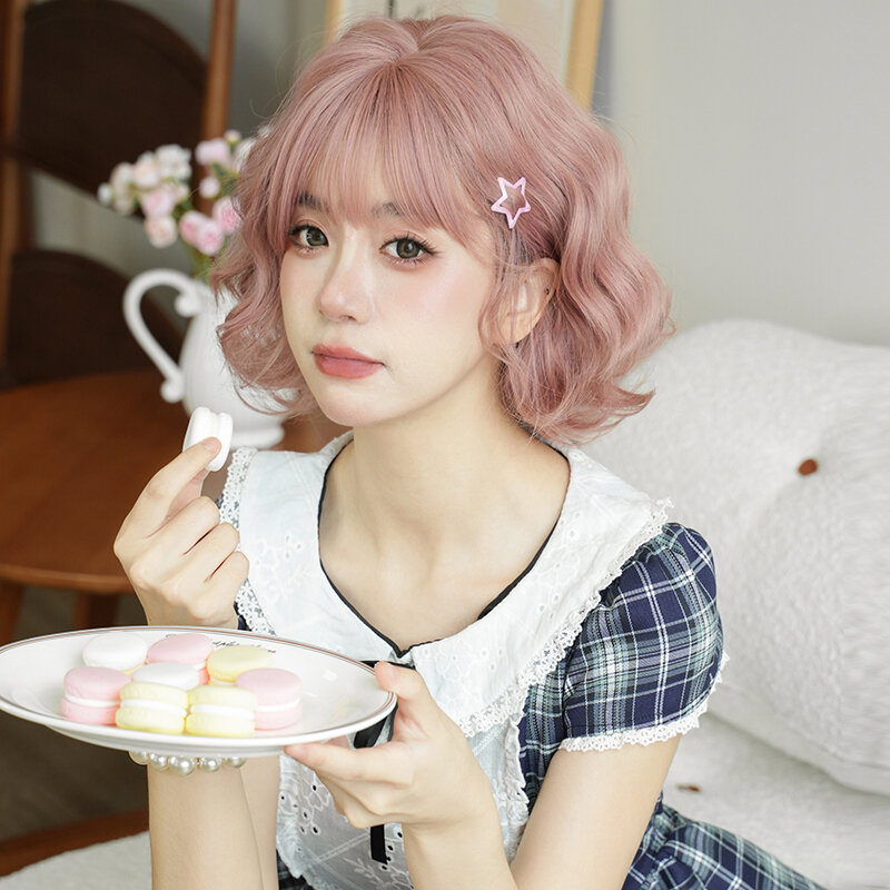 7JHH WIGS Lolita Wig Synthetic Short Wavy Pink Bob Wig for Sweet Girl High Density Loose Costume Wigs with Fluffy Bangs Glueless