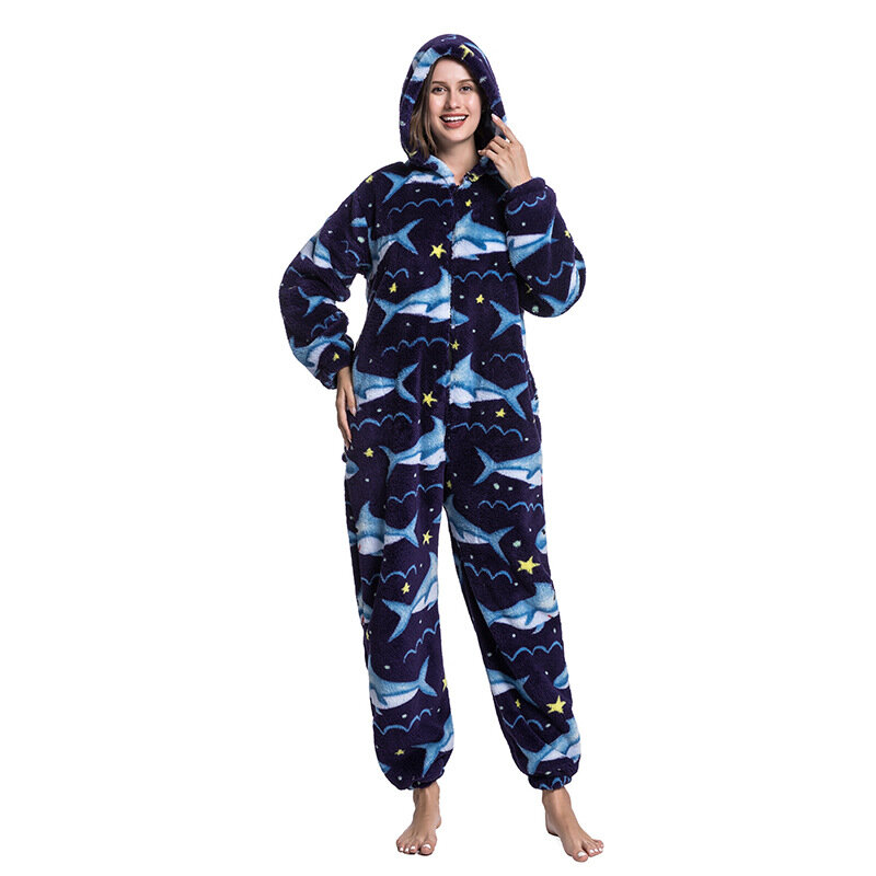 Pijama de flanela com capuz feminino, macacão coral velo, Onesies estampados, loungewear, pijamas com zíper, inverno