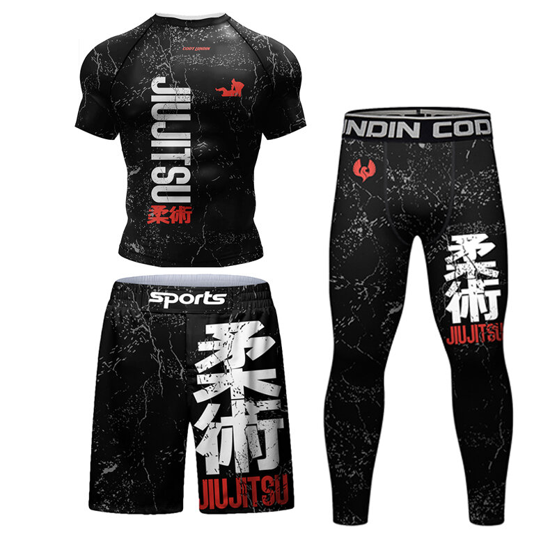 Jitsu rashguard Kaus MMA + กางเกงสำหรับผู้ชาย4ชิ้น/เซ็ต grashing BJJ BJJ กางเกงมวยชุดออกกำลังกายกางเกงยิม