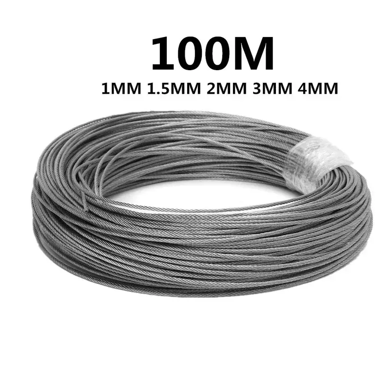 50M/100M 304 Stainless Steel Wire Rope Soft Fishing Lifting Cable 7*7 Clothesline 1mm/ 1.5mm/2mm
