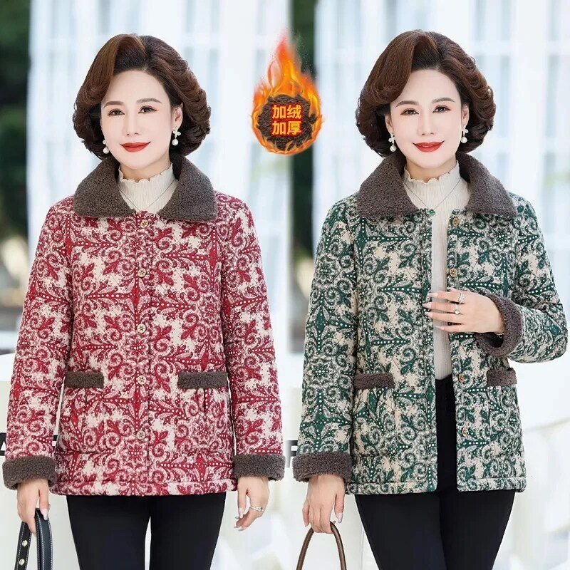 Fashionable Mother-in-law Winter Middle-aged And Elderly Women's Foreign-style Printing Fleece Warm Cotton-padded  Tide.