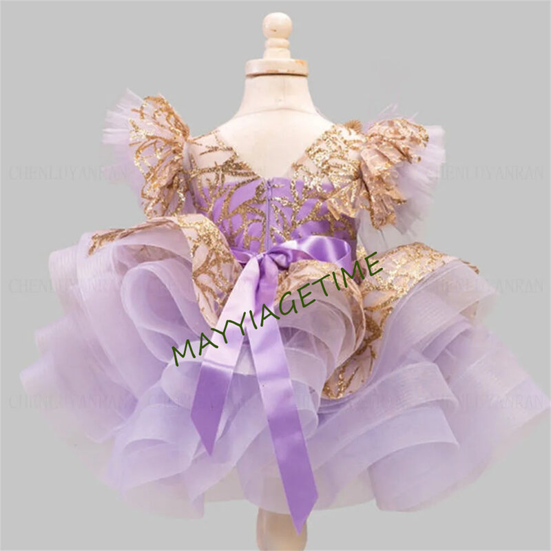 Vestido corto lila de flores hinchadas para niña, traje de tul para fiesta de boda, Apliques de encaje, pluma, primera comunión