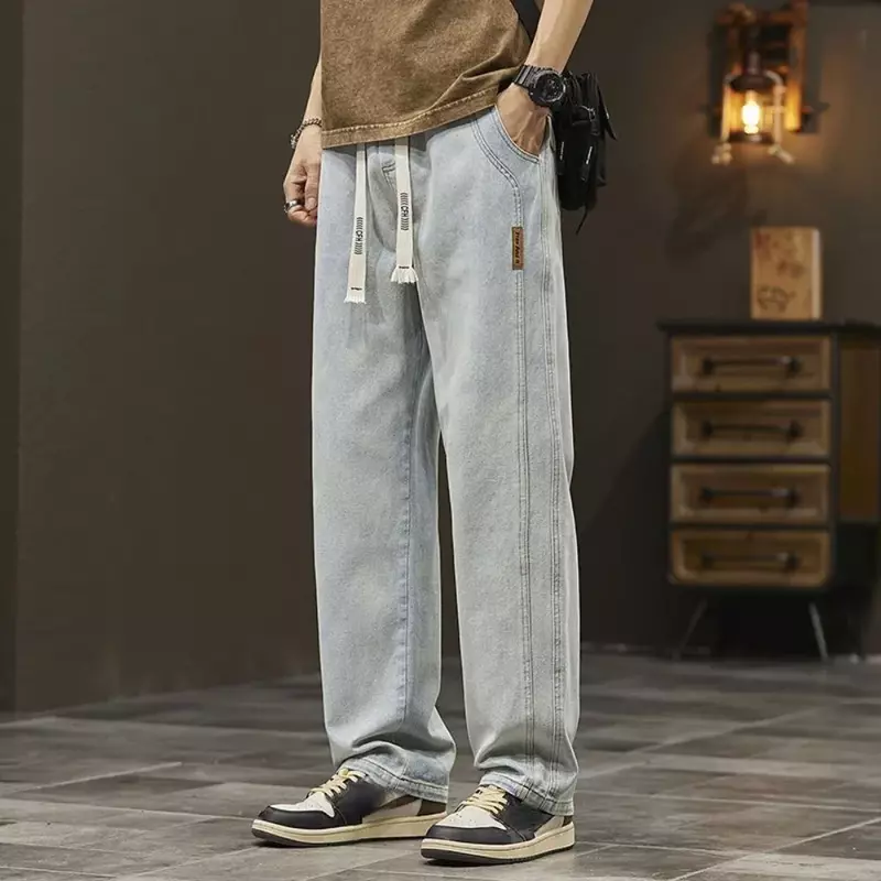 Celana denim kaki lebar pria, jeans Lurus elastis, celana denim kaki lebar, celana kasual gaya Korea, pakaian olahraga untuk pria