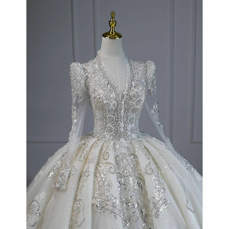 Dubai Arabia Ball Gown abito da sposa scollo a V maniche lunghe cristallo paillettes perla abito da sposa Vestido De Novia Robe De Mariée