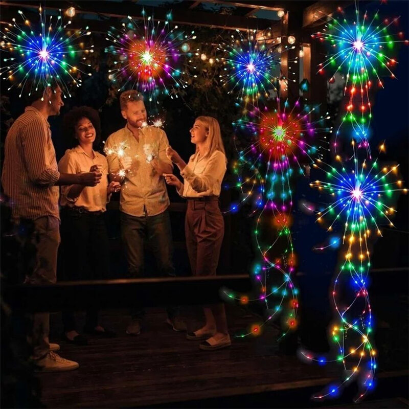 Impermeável LED Starburst Firework Light, alimentado por bateria, remoto, 8 modos, guirlanda, luzes de fadas, decoração do jardim, Natal String Lights