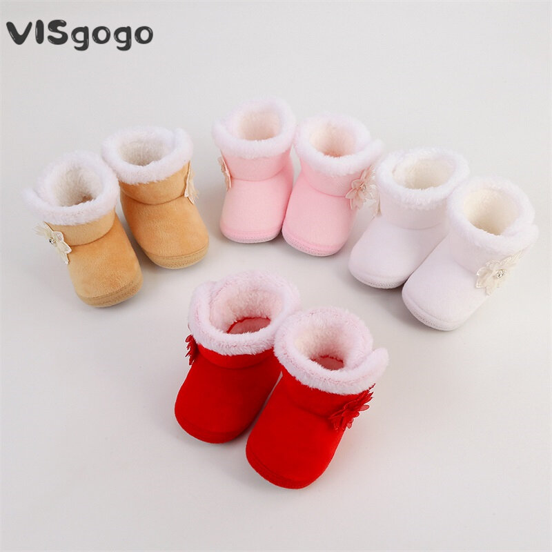 VISgogo-حذاء بناتي للثلج للكاحل ذو زهرة دافئة للبنات الصغار ، أحذية للأطفال الصغار ، للرضع ، المشي ، الشتاء ، 6-15 شهرًا