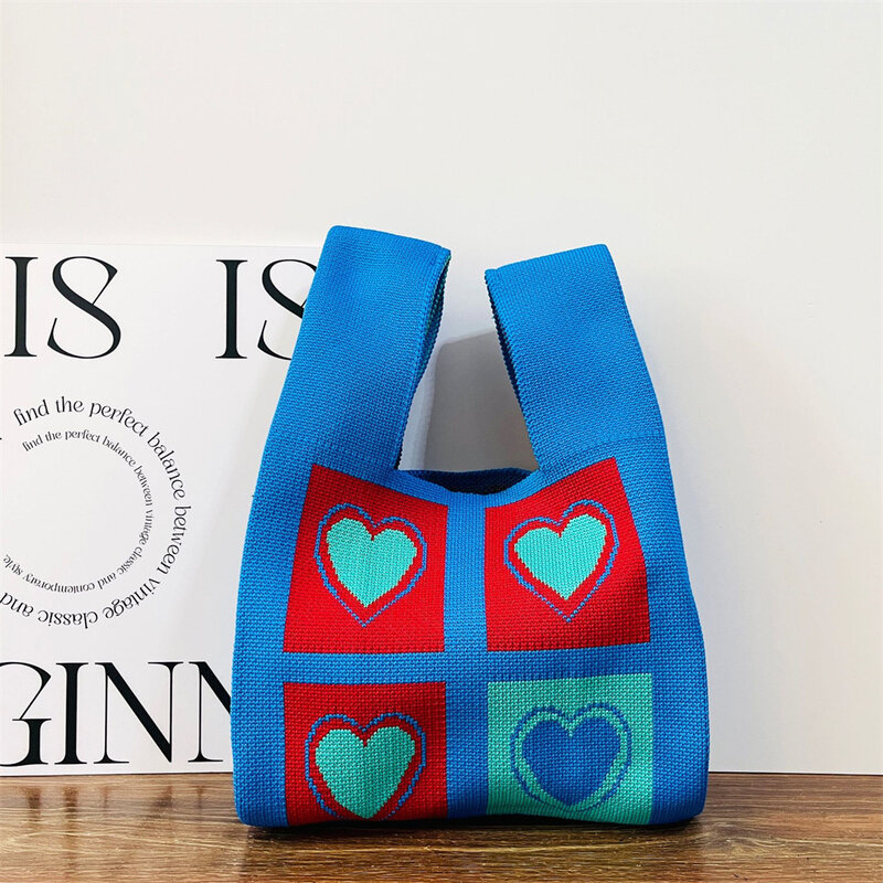 Modne ręcznie robione torebki damskie Mini węzeł saszetka śliczne kolorowe serce dzianina torba dziewczęca torby na zakupy wielokrotnego użytku