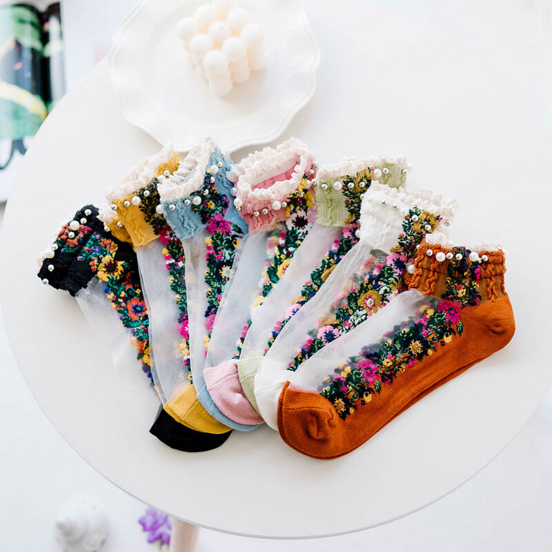 Calcetines transparentes de Lolita, medias cortas de malla con bordado de flores, Primavera