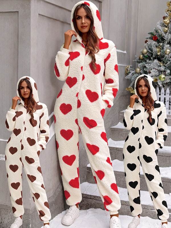 2024 Autumn/Winter New Love Printed Hooded Plush jumpsuit