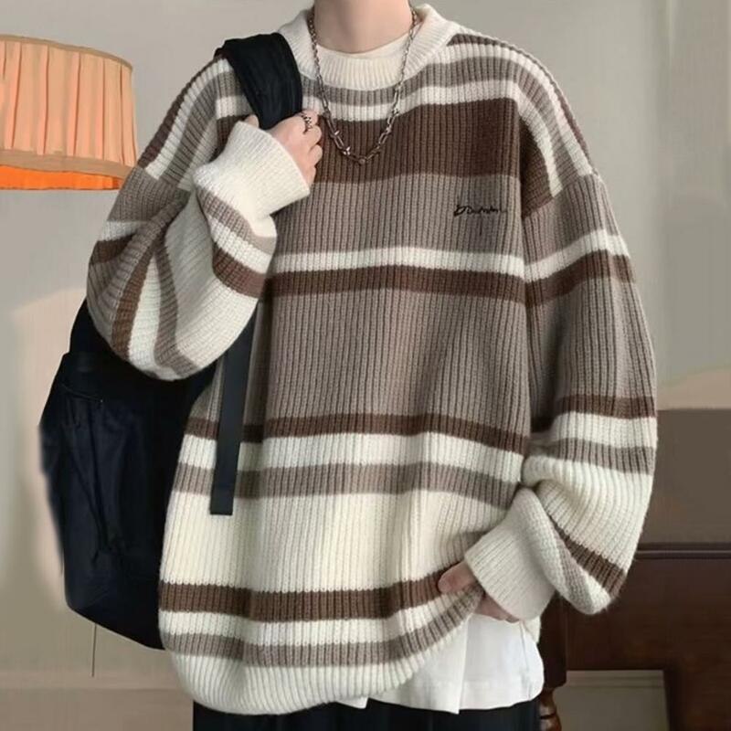 Men Base Sweater Japanese Style Colorblock Knitted Men's Sweater Thick Warm Pullover with Long Sleeve Retro Fall Winter Mid