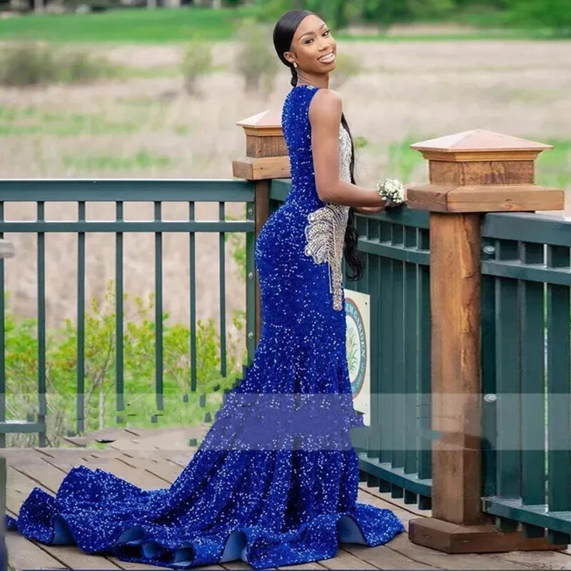 Sparkly Blue Mermaid Prom Dress For Black Girls Luxury Gold Lace Appliques Sleeveless Brush Train Party Gowns robe de mariée