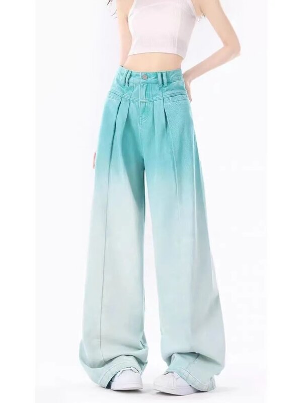 Брюки женские джинсовые плиссированные с высокой талией, Модные свободные прямые штаны с широкими штанинами, брюки с шваброй, весна-осень