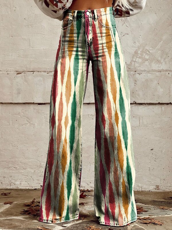 Pantalon à Jambes Larges pour Femme, Rayé Rétro, Décontracté, à la Mode et Confortable, Long, Teint par Nouage