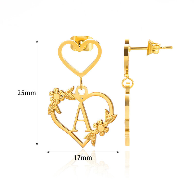 Flower Initial Earrings For Women Gold Color Stainless Steel Heart Letter Earring Alphabet Jewelry Piercing Ear Accessories Gift