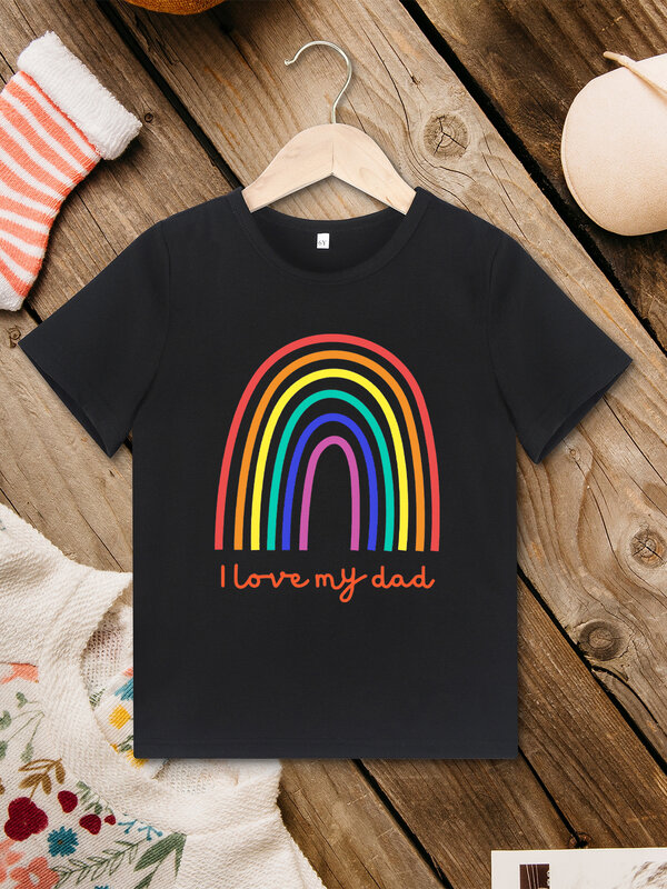 Rainbow Pattern Kids T Shirt “I Love My Dad” Black Urban Streetwear Aesthetic Harajuku Girl Clothes Summer Basic Boy Tops Tees