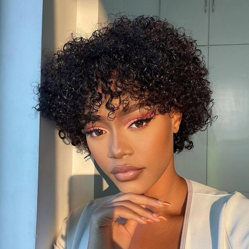 Voluminous Fluffy Pixie Cut Short Curly Human Hair Wigs With Bangs Machine Made Real Hair Wigs