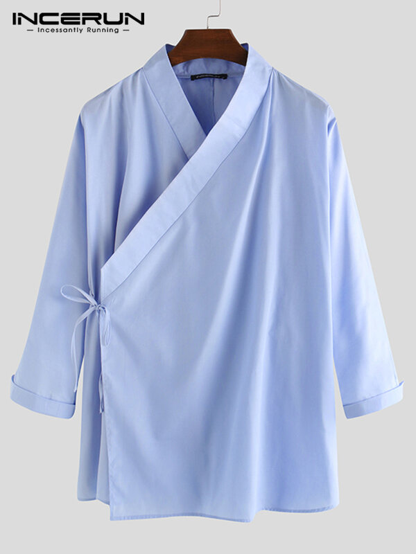 Camisa de estilo chino para hombre, Camisa de manga larga con cordones, Color sólido, cuello levantado, Hanfu, Retro, elegante, S-5XL, 2023