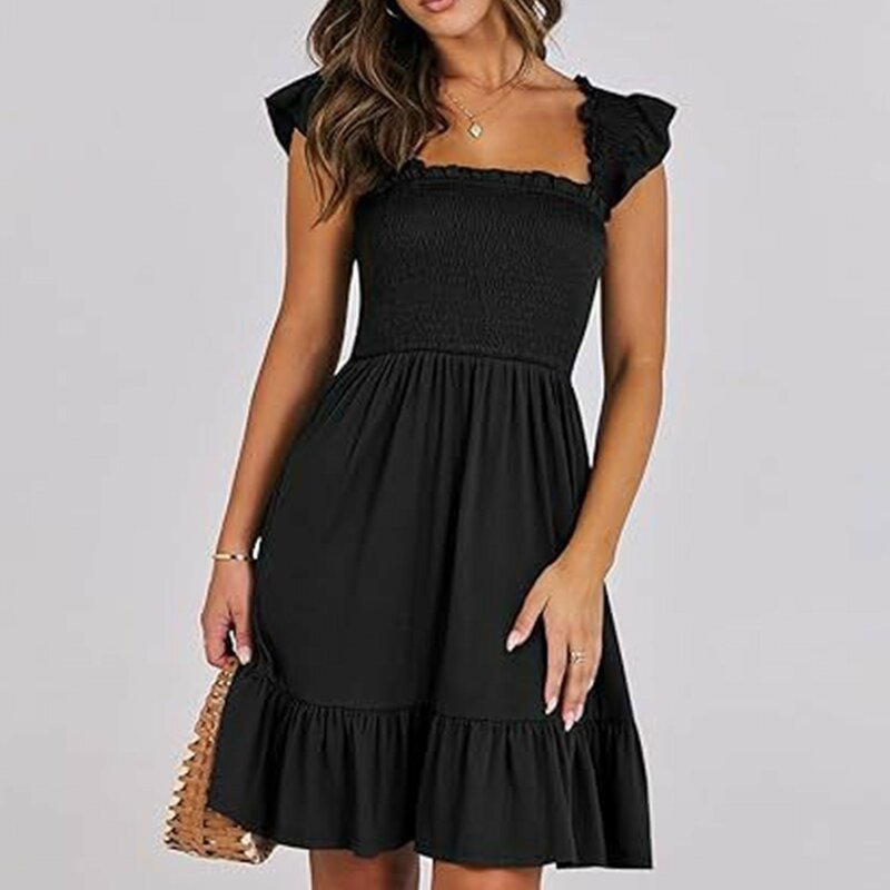 Mini-vestido de espartilho preto elegante feminino, sem mangas, gola quadrada, plissado, sem encosto, boho, curto, casual, verão