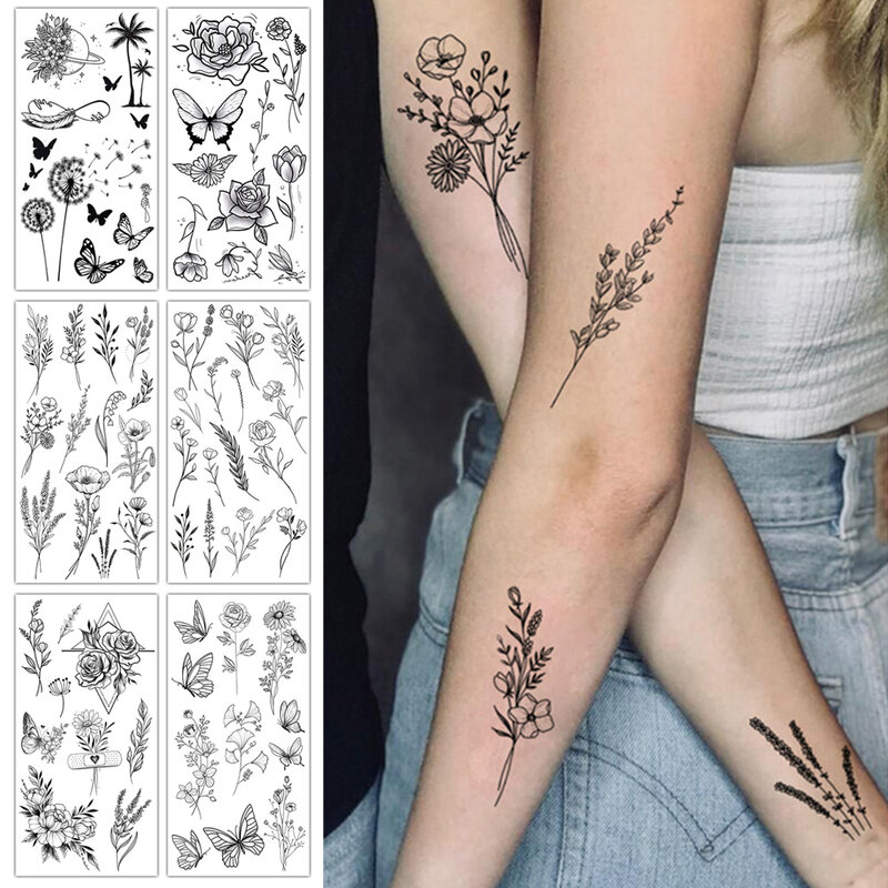 1 Blatt schwarze Blume Schmetterling temporäre Tattoos für Frauen Männer wilde Pflanze gefälschte Tattoo Aufkleber Erwachsene Gesicht Hände Körper Kunst Tattoo