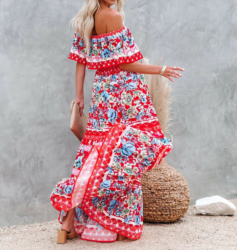 보헤미안 슬래시 넥 오프 숄더 패션 드레스, 주름 가장자리 반팔 꽃무늬 프린트, 우아한 여름 선드레스, 여성 의류