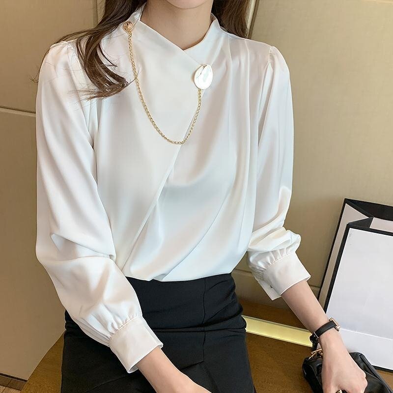 QWEEK-Blusas brancas de cetim manga comprida para mulheres, camisa feminina elegante de escritório, moda coreana, vintage casual, estética chique, Y2K