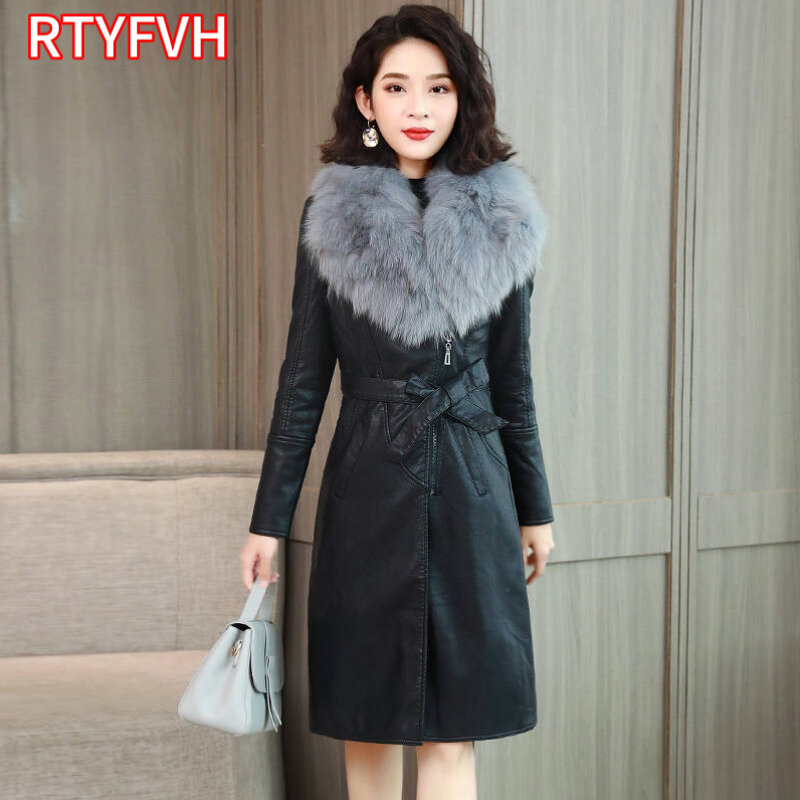 女性用の大きな毛皮の襟とベルト付きの革のジャケット,冬用の長いコート,ベルベットの裏地付き,スリムで暖かい,新しい2022, M-4XL