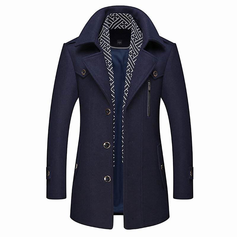 Зимнее мужское шерстяное пальто, модное утепленное пальто средней длины, однотонное, с отложным воротником, теплая верхняя одежда, деловое, повседневное, шерстяное пальто для мужчин
