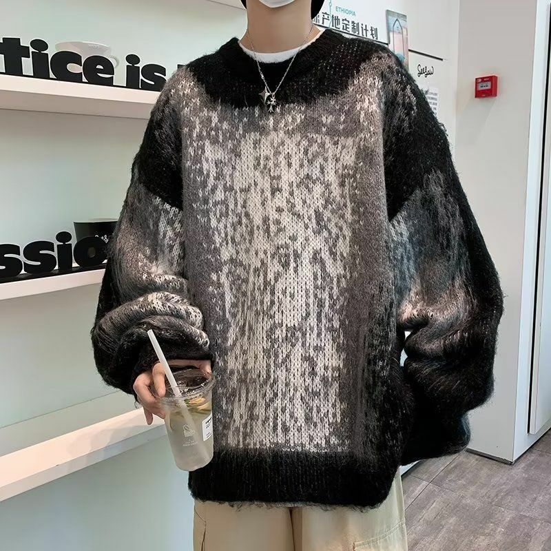 Men's Knit Pullover Brushed Gradient Color Sweater Trendy Contrast Color Handsome Round Neck Warm Thick Tops Autumn