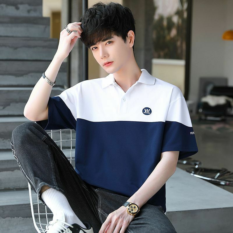 Рубашка-поло мужская с коротким рукавом, модная повседневная свободная Универсальная футболка с лацканами, на пуговицах, в Корейском стиле, лето 2024