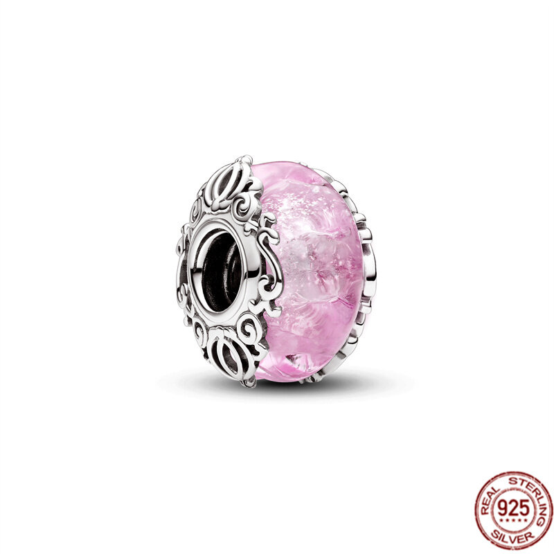 Baru asli 925 perak murni merah muda asli pesona Matte kaca Murano, Bunga Pansy manik cocok gelang Pandora DIY hadiah perhiasan