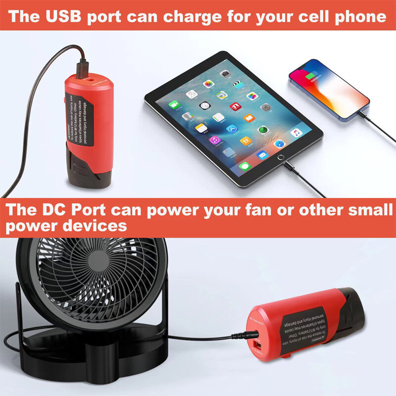 อะแดปเตอร์แหล่งจ่ายไฟแบบ USB 1/2ชิ้นสำหรับมิลวอกี12V อะแดปเตอร์แหล่งพลังงานแบบพกพาแบตเตอรี่โทรศัพท์ลิเธียมพร้อมพอร์ต USB 2.1A และ DC 12V