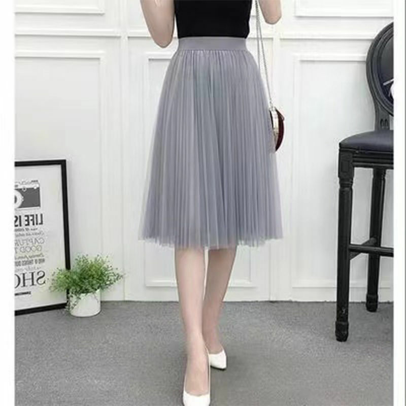 Mesh Pleated Skirt A- Line Skirt High-Waisted Skirt Tulle Skirt Woman Skirts Faldas Jupe