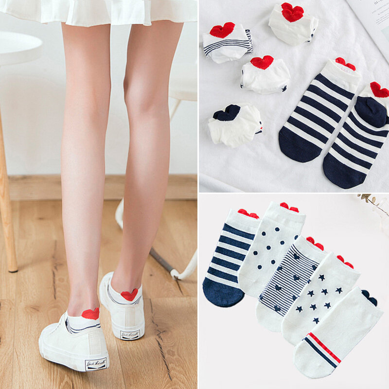5 Pairs Women Funny Cartoon Cute Short Socks Summer New Fashion Heart Print Cotton Ankle Socks Casual Low Cut Boat Socks