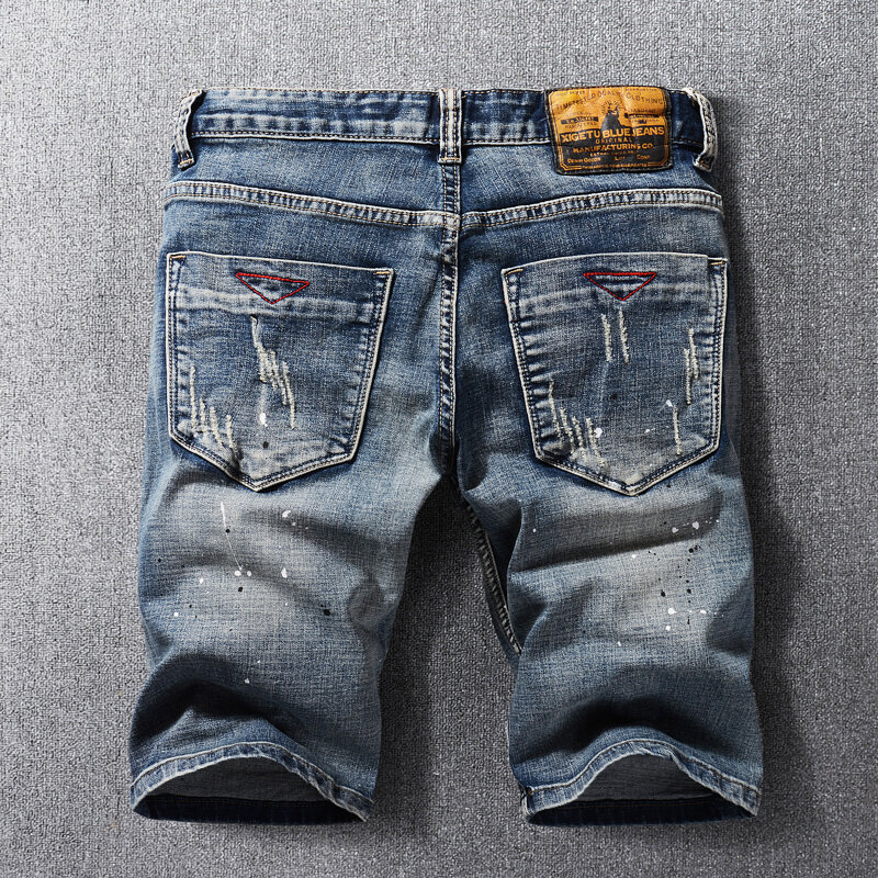 Nieuwe Designer Fashion Heren Jeans Zomer Elastische Vintage Retro Blauwe Gescheurde Korte Jeans Homme Patchwork Casual Denim Shorts Heren