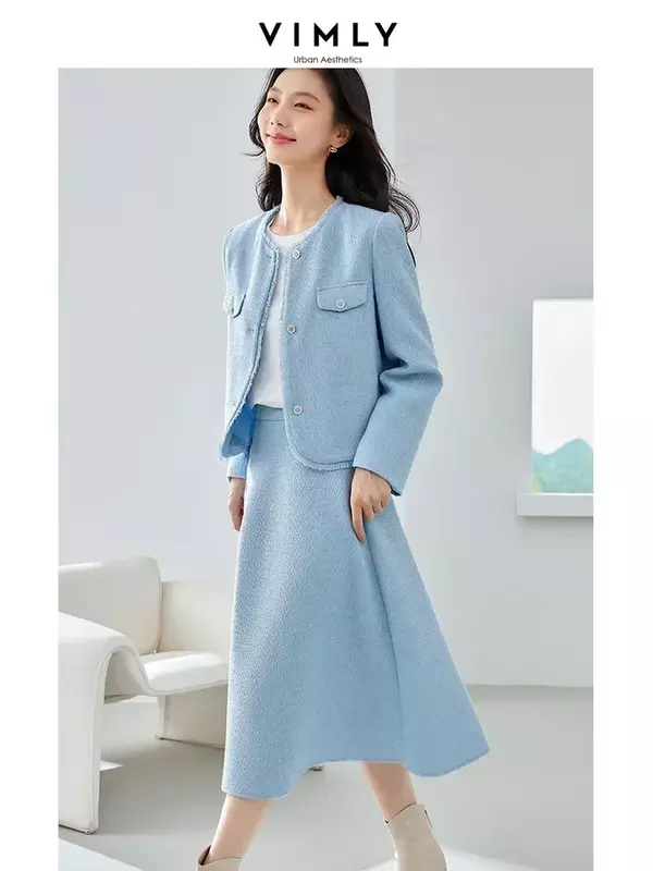 Vimly setelan wol biru elegan, setelan 2 potong untuk wanita, pakaian musim semi, Jaket potong pinggang elastis, Rok Midi setelan cocok M3025