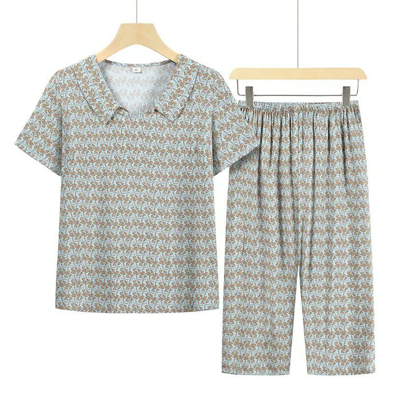 Tweedelige Set-Outfit Zomerpyjama-Revers Van Middelbare Leeftijd Voor Dames Pijama Feminino Bloemenpyjama