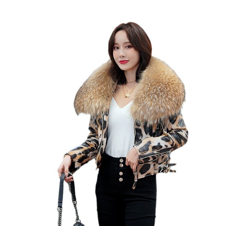 Winter new product short oversized raccoon fur collar slim fit genuine leather jacket Haining sheep skin leopard print